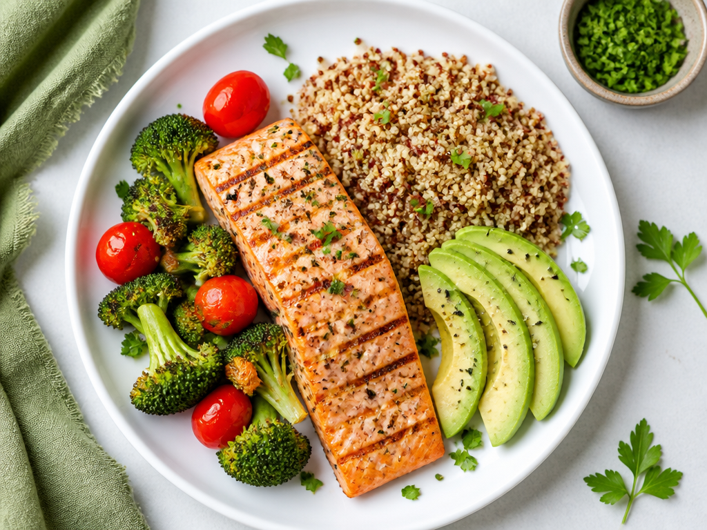 Prato saudável com salmão grelhado, brócolis, tomate e quinoa